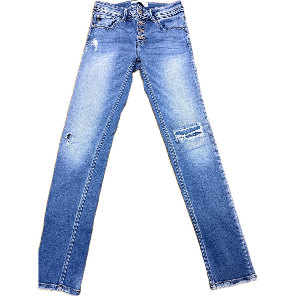 Kancan Womens High Rise Skinny Distressed Jeans Medium Wash Button Fly 5/26